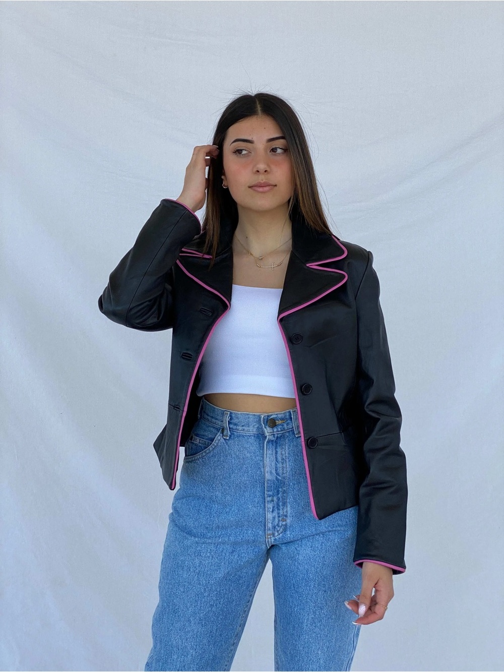 São Paulo Black Lambskin Leather Jacket with Pink Trim | Y2K Statement Jacket